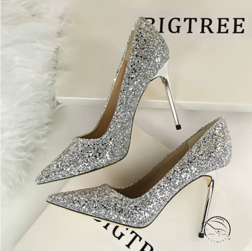 Elegant langry silver glitter high heel pumps in fashion style
