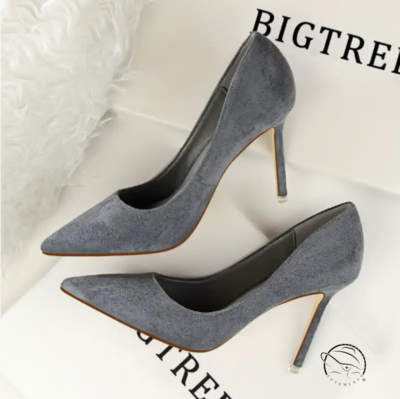 Gray suede simple stiletto high-heeled pump with pointed toe