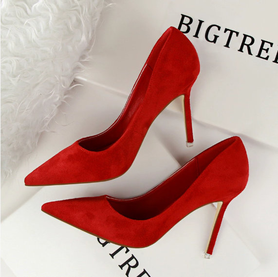 Langry fashion red suede stiletto pumps with gold accents