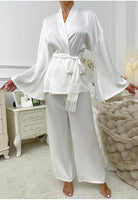 Langry white satin robe with bell sleeves and fringed belt in fashion homewear
