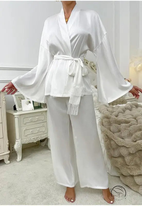 Langry white satin robe with bell sleeves, fringed belt, fashion home wear