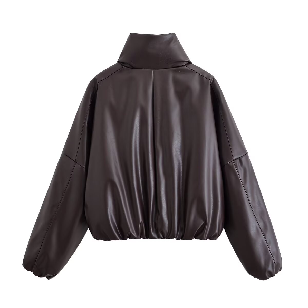 Trendy langry brown leather bomber jacket with high collar and puffed sleeves
