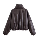 Trendy langry brown leather bomber jacket with high collar and puffed sleeves