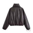 Trendy langry fashion brown leather bomber jacket with high collar and puffed sleeves