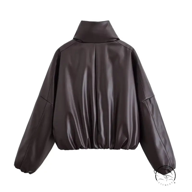 Trendy langry fashion brown leather bomber jacket with high collar and puffed sleeves