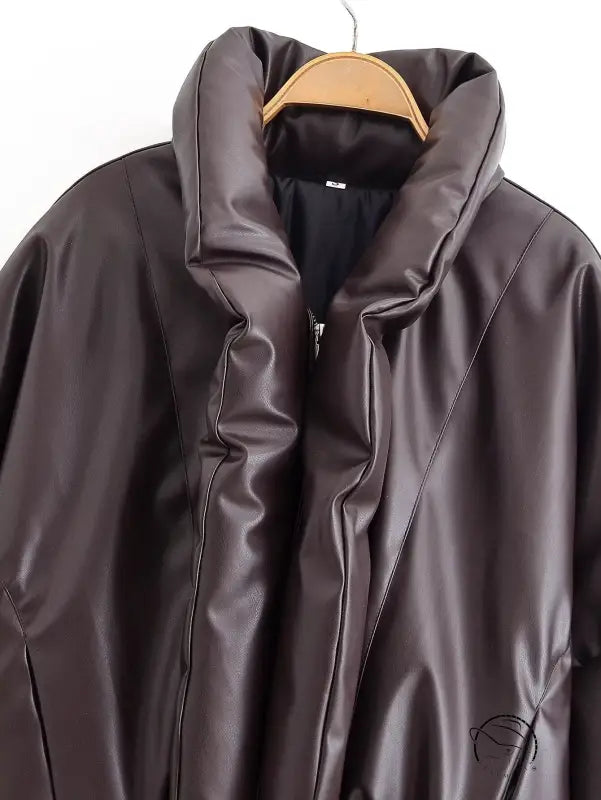 Trendy brown leather jacket with hood, zipper, and large collar in langry fashion ملابس