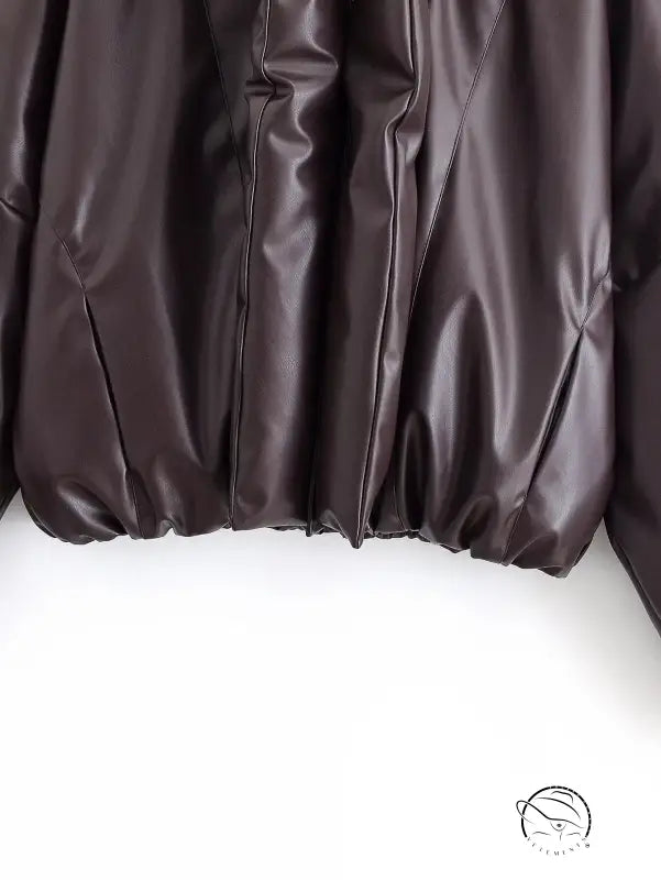 Trendy large collared zipped cotton padded jacket in brown leather fashion