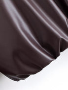 Langry trendy large collared zipped cotton padded jacket in chocolate brown satin with subtle sheen and elegant folds