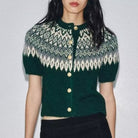 Green fair isle short sleeve cardigan with gold buttons