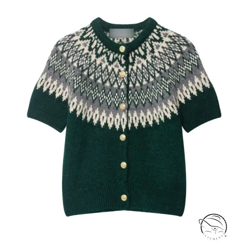 Green short sleeve jacquard cardigan with fair isle pattern and gold buttons