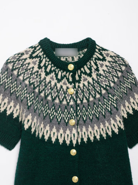 Short sleeve green Fair Isle jacquard knitted coat with white and gray accents