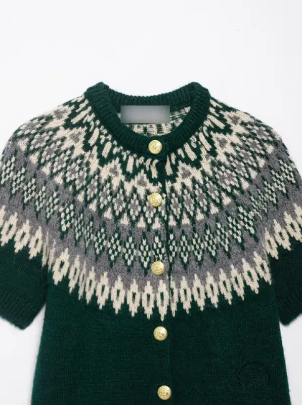 Short sleeve green fair isle jacquard knitted coat with white and gray accents