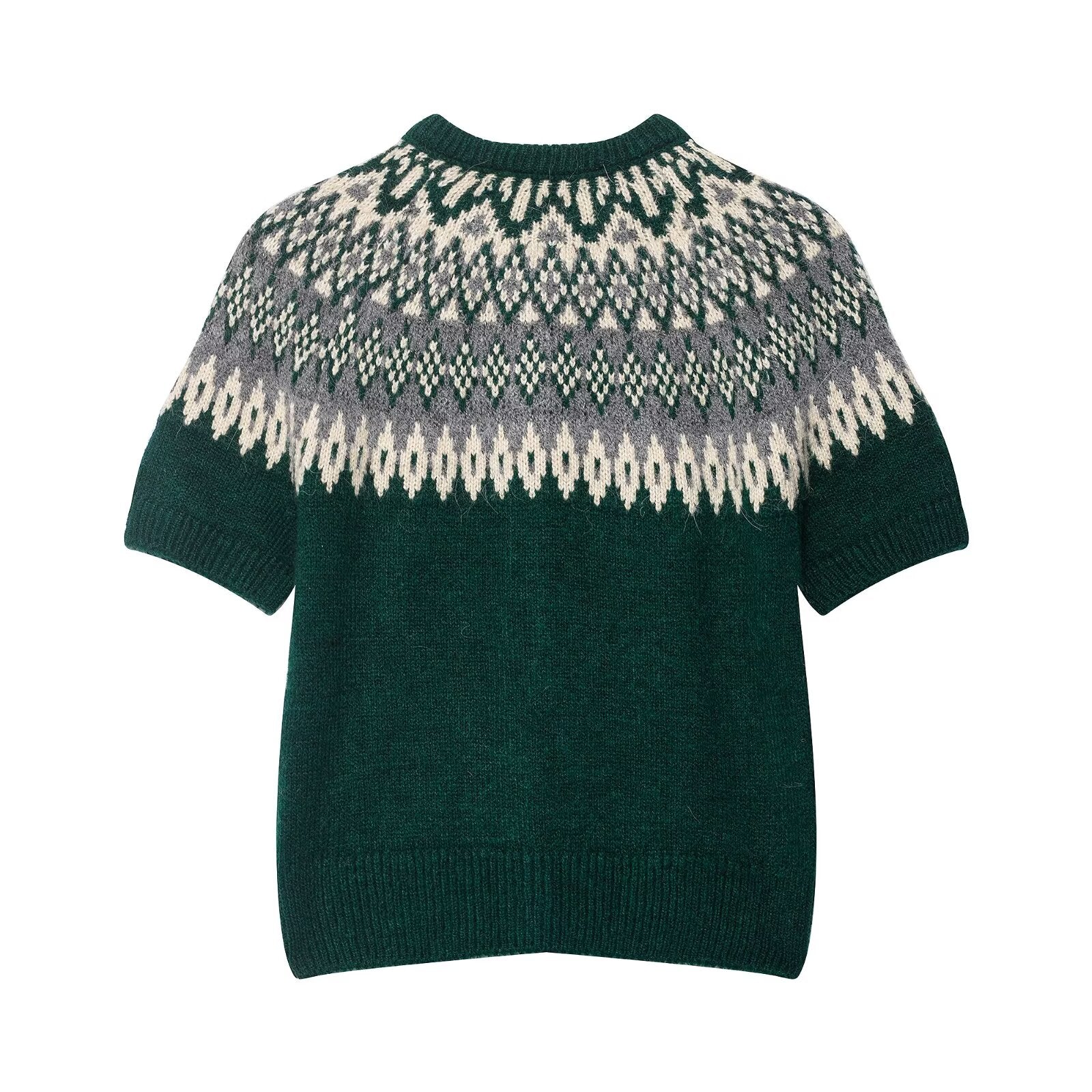 Green and white short sleeve Fair Isle jacquard knitted coat