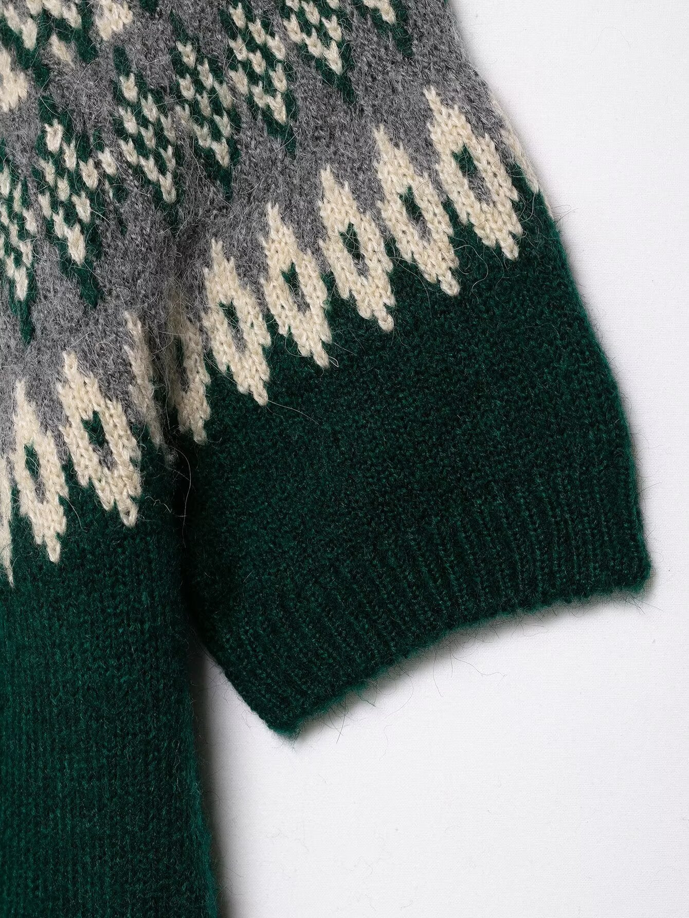 Green and white short sleeve Fair Isle jacquard knitted coat with textured pattern