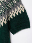 Green and white short sleeve Fair Isle jacquard knitted coat with textured pattern