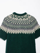 Short sleeve green Fair Isle jacquard knitted coat with intricate white, gray, black pattern