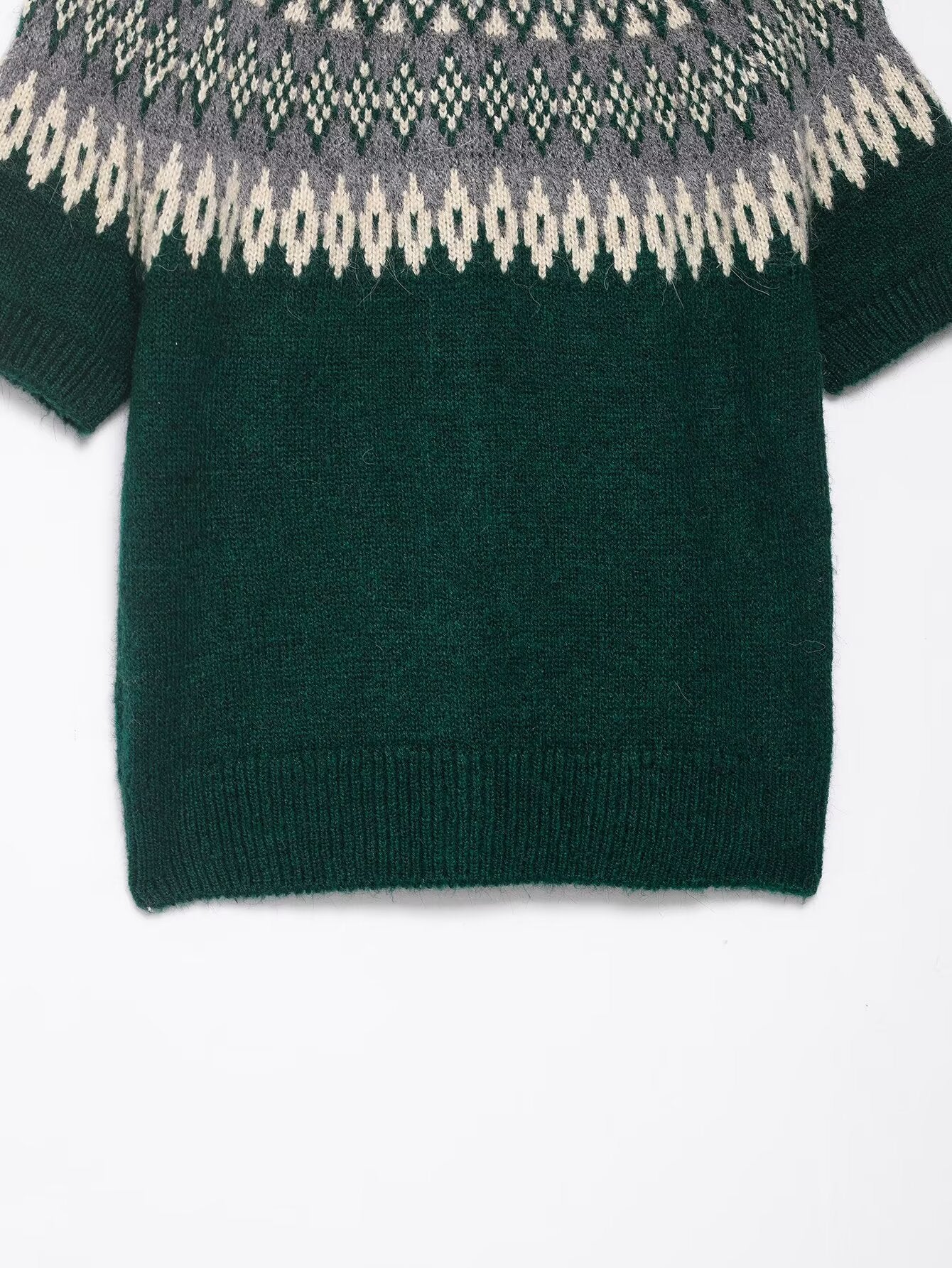 Green short sleeve fair isle jacquard knitted sweater with textured pattern