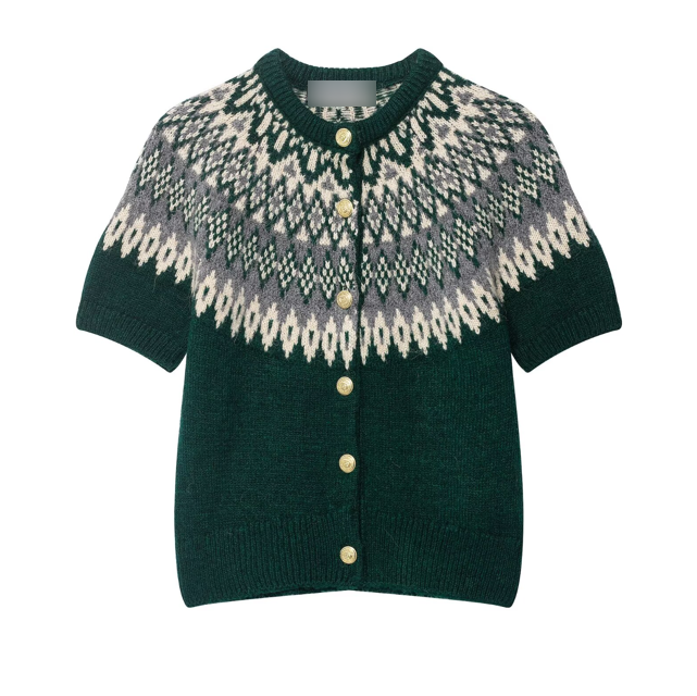 Green short sleeve fair isle cardigan with gold buttons