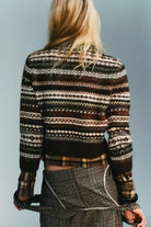 Cute design jacquard sweater in brown white pattern with black accents langry fashion