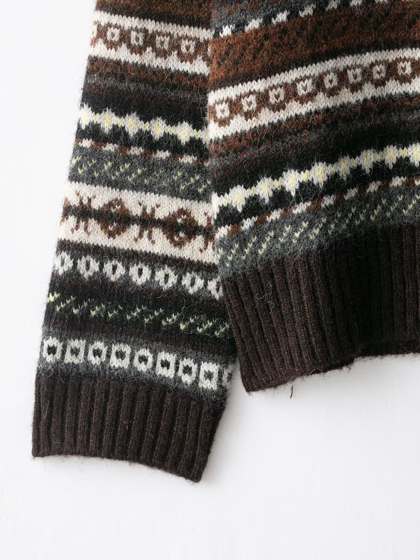 Brown and white fair isle Langry fashion sweater with ribbed cuffs