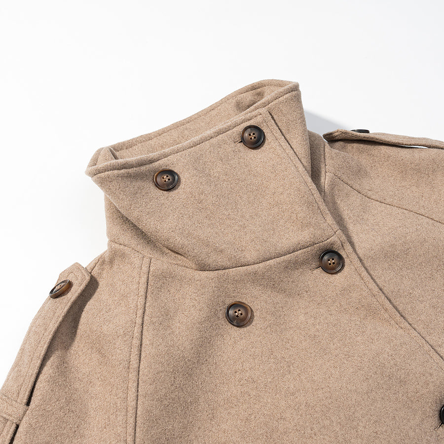 Elegant beige wool pea coat with double-breasted front and wooden buttons, Langry fashion ملابس