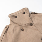 Elegant beige wool pea coat with double-breasted front and wooden buttons, Langry fashion ملابس