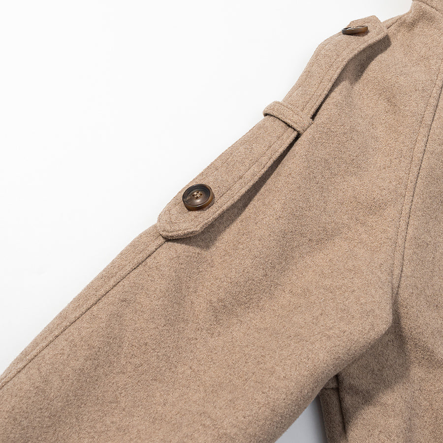 Elegant beige wool coat with wooden buttons, belt detail by Langry fashion