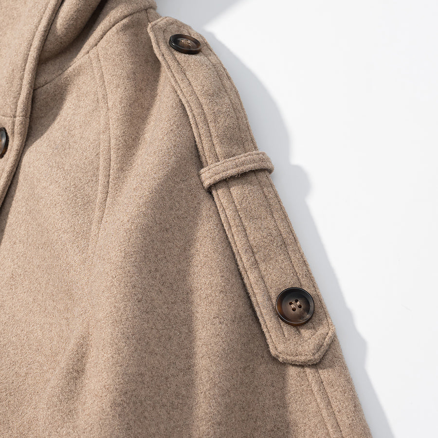 Elegant beige wool pea coat with wooden buttons and belt, Langry fashion apparel