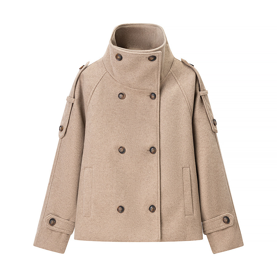 Elegant beige langry fashion woolen peacoat with high collar and patch pockets