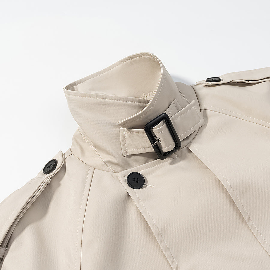 Cozy Belt Trench Coat in beige with black buttons and belt loop, langry fashion ملابس
