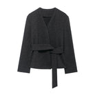 Black textured blazer with tie belt, asymmetrical langry fashion design