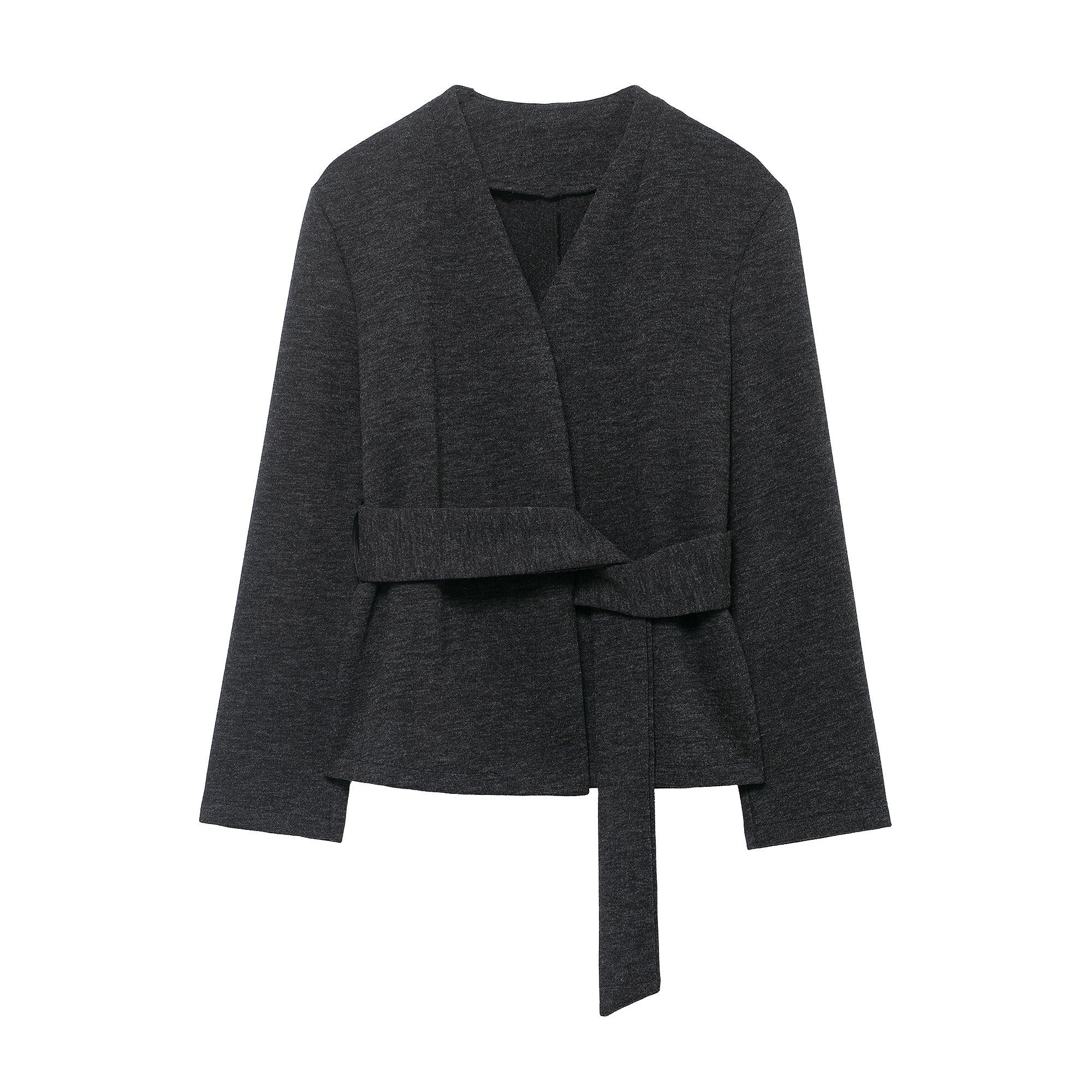 Black textured blazer with tie belt, asymmetrical langry fashion design