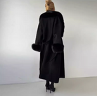 Langry fashion big fur collar belt woolen coat in black