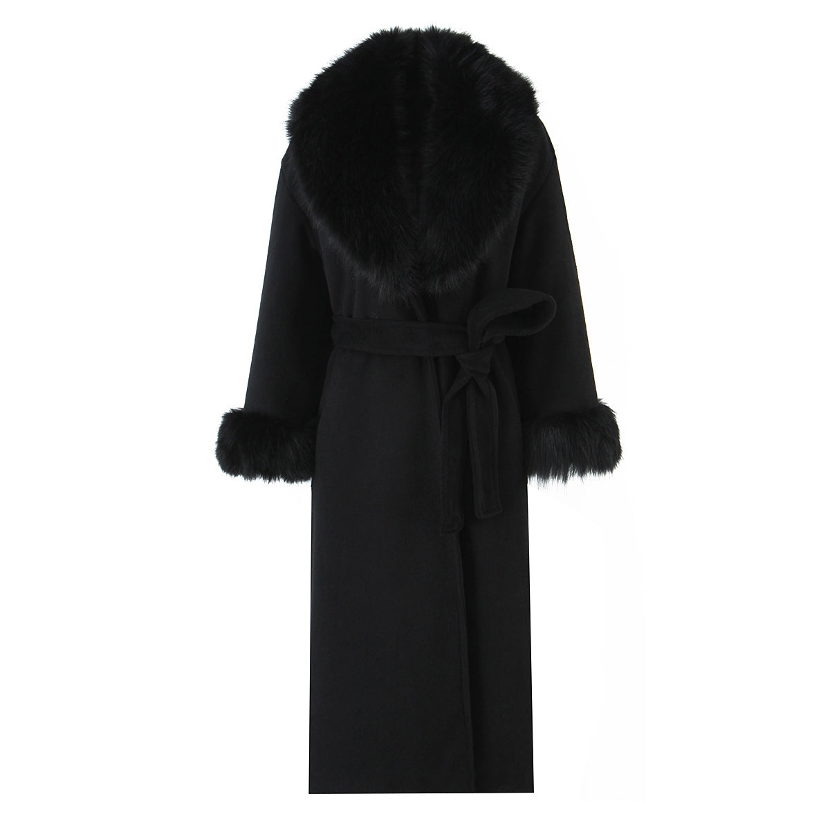 Langry fashion big fur collar belt woolen coat with black fur trim