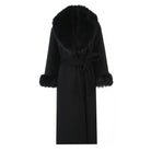 Langry fashion big fur collar belt woolen coat with black fur trim