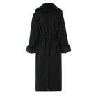 Langry fashion black fur-trimmed woolen coat with belt and lapels