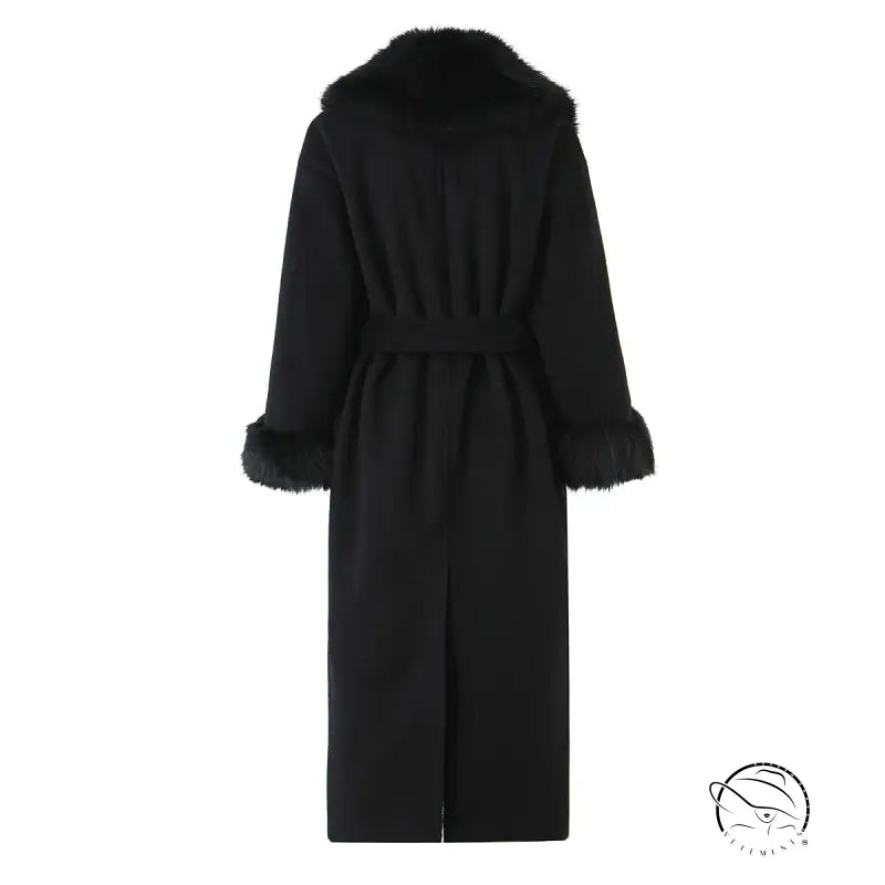 Langry fashion big fur collar belt woolen coat with black fur trim