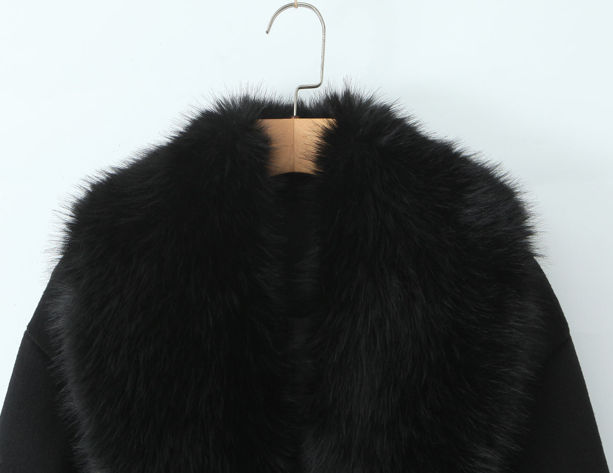 Langry black fur collar belt woolen coat with luxurious fashion texture