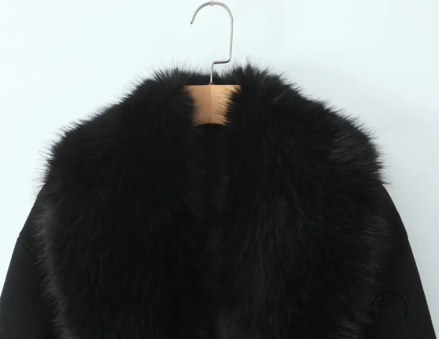 Langry fashion black fur collar belt woolen coat with luxurious texture