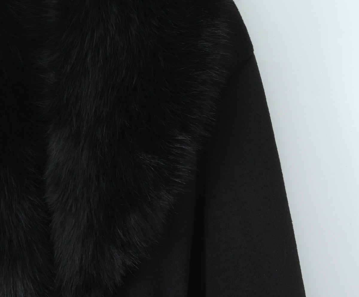 Langry fashion black fur collar belt woolen coat with sleek design
