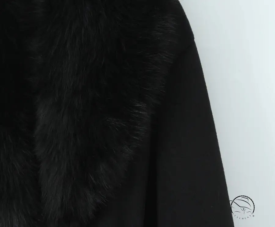 Langry fashion big fur collar belt woolen coat in black fur