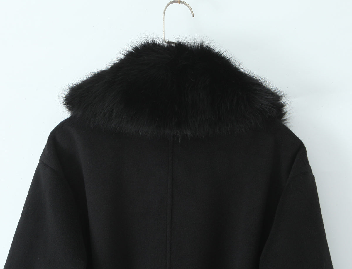 Langry fashion black fur-trimmed woolen coat with hood on hanger