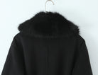 Langry fashion black fur-trimmed woolen coat with hood on hanger