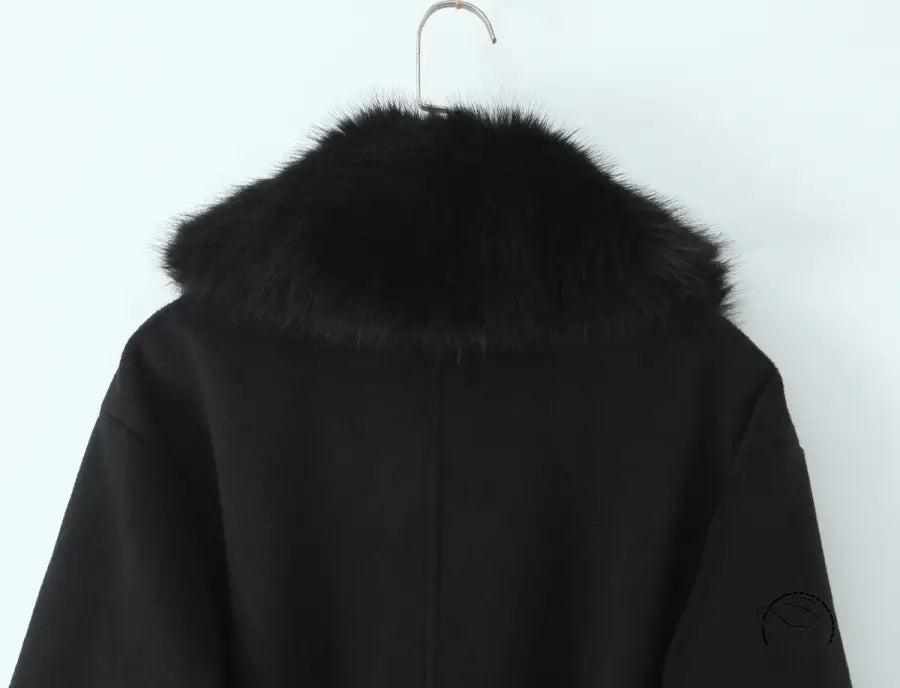 Langry fashion big fur collar belt woolen coat with black fur-trimmed hood on hanger