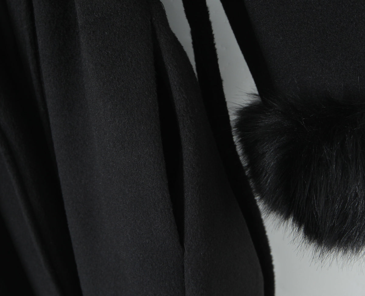 Langry fashion big fur collar belt woolen coat with black fur trim