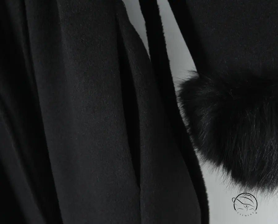 Langry fashion big fur collar belt woolen coat with black fur trim