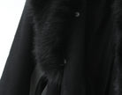 Langry fashion black fur coat with big woolen collar and leather accents