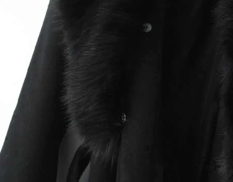 Langry fashion big fur collar belt woolen coat with black fur and leather accents