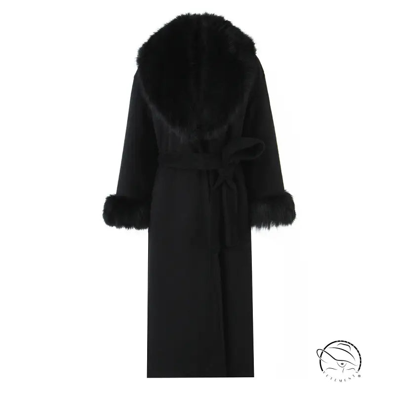 Langry fashion big fur collar belt woolen coat with black fur trim