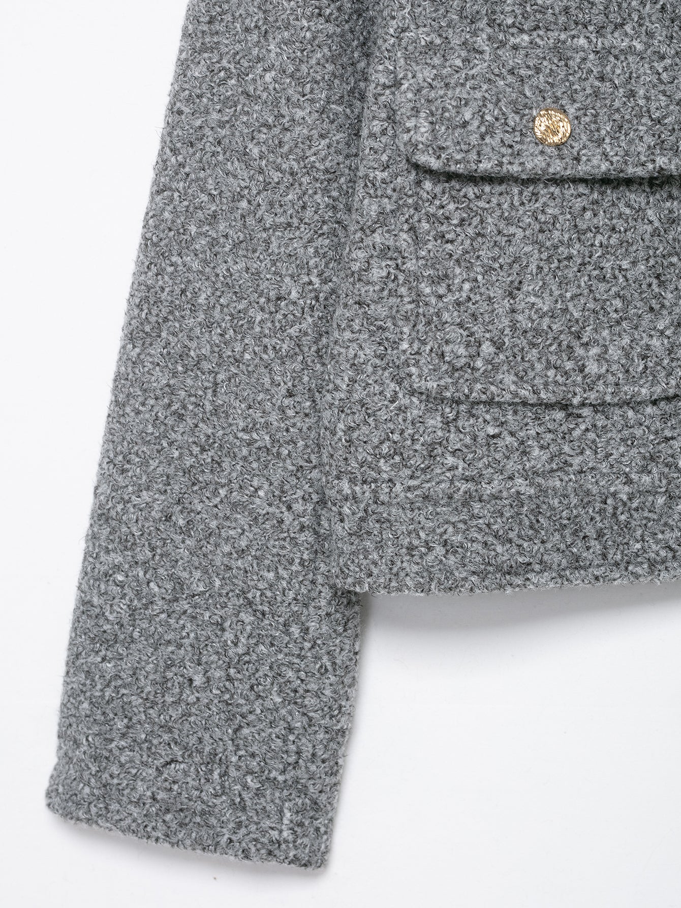 Gray langry woolen jacket with gold buttons, pocket detail, autumn winter fashion coat